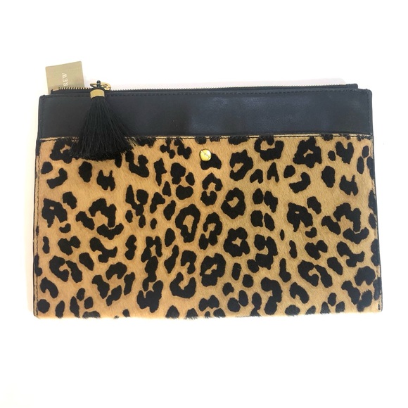 J. Crew Handbags - J CREW Leopard Print Animal Hair & Black Leather Tassel Zippered Clutch Purse
